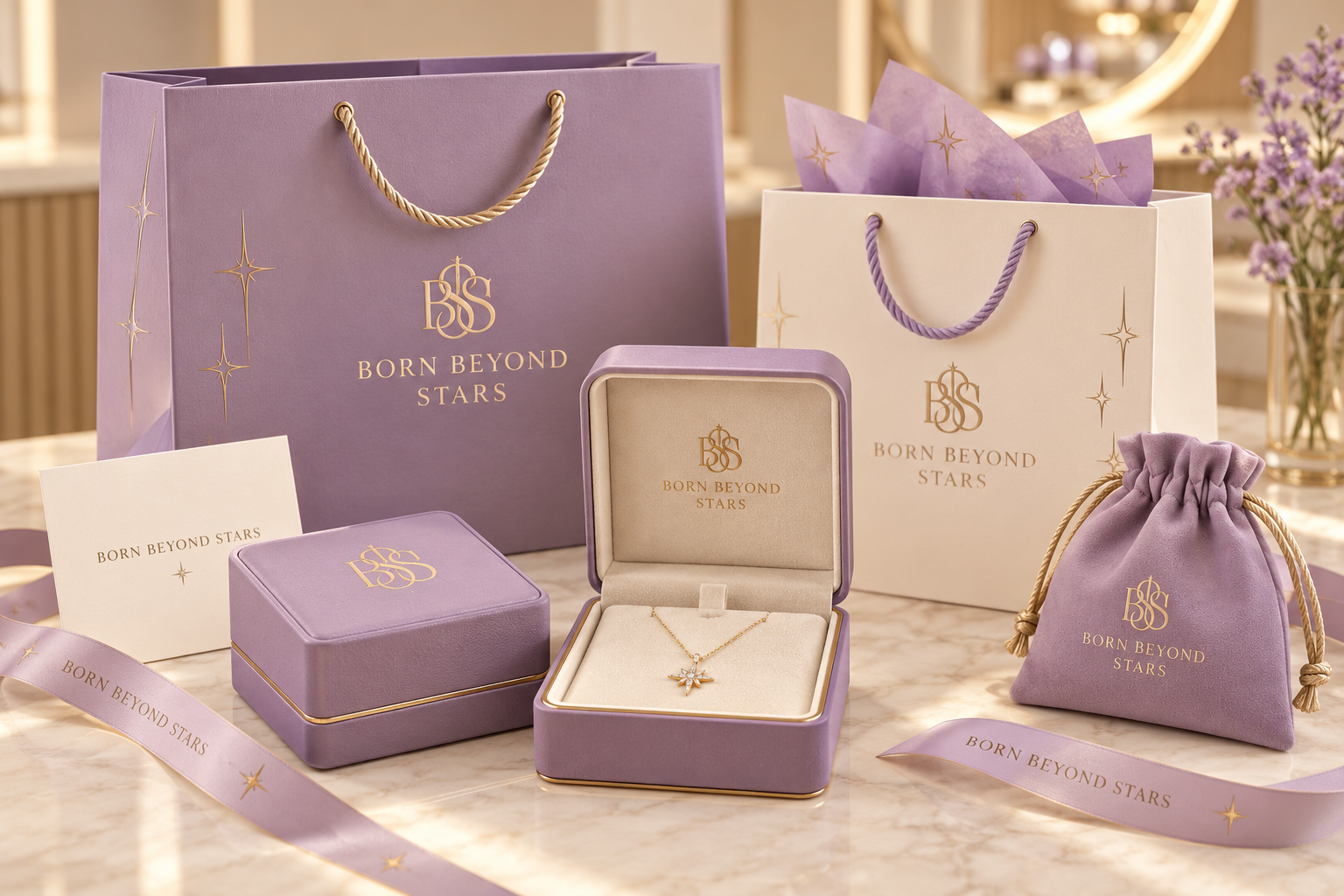 Born Beyond Stars lavender packaging concept with warm cream jewellery insert
