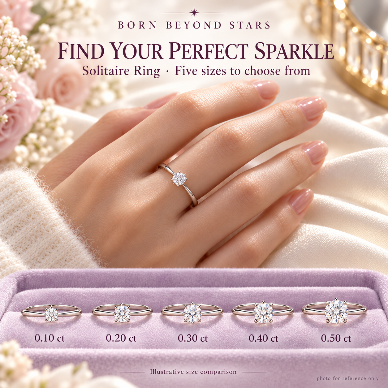 Born Beyond Stars solitaire ring — 0.10, 0.20, 0.30, 0.40 and 0.50 ct comparison